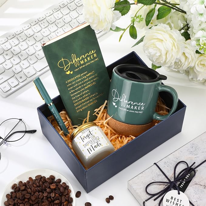 4 Pcs Difference Maker Gift Set Mug Notebook Candle Pen,Dark Green,Word