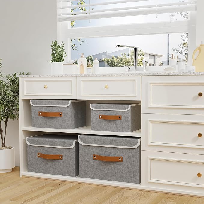 OUTBROS Storage Boxes, Bins with Lids, 10.2x7.9x6.7 in, Grey | Cotton and linen cloth Storage Baskets with Handle, for Books, Closet, Bedroom, Home