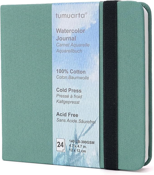 tumuarta Square Watercolor Journal, 140 LB, 300 GSM, 100% Cotton, Cold Press, 24 Sheets, 48 Pages, Watercolor Paper Sketchbook for Use As Travel Mixed Media Pad On The Go (Green, 4.7x4.7”)