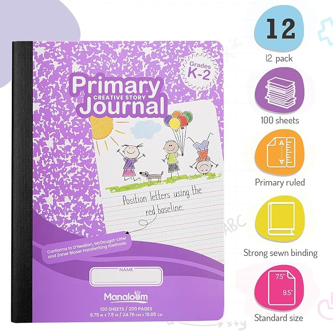 Primary Composition Notebook K-2, Primary Journal Grades K 2, Preschool, 1st Grade, Kindergarten Notebooks, Primary Ruled - 9.75″ x 7.50″ - Sturdy Covers - 100 Sheets - Assorted Colors - (12 Pack)