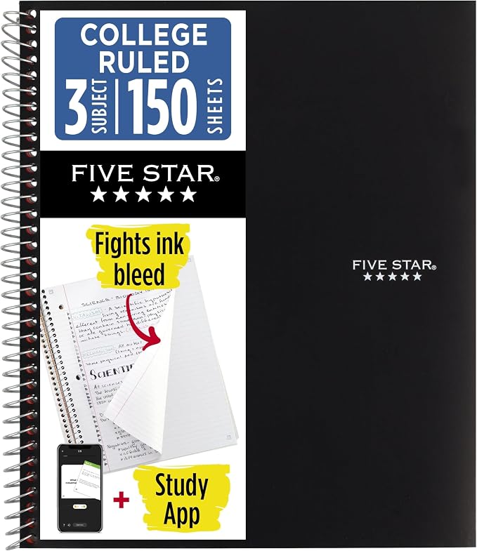 Five Star Spiral Notebook + Study App, 3 Subject, College Ruled Paper, Fights Ink Bleed, Water Resistant Cover, 8-1/2" x 11", 150 Sheets, Black (72069) (Pack of 6)