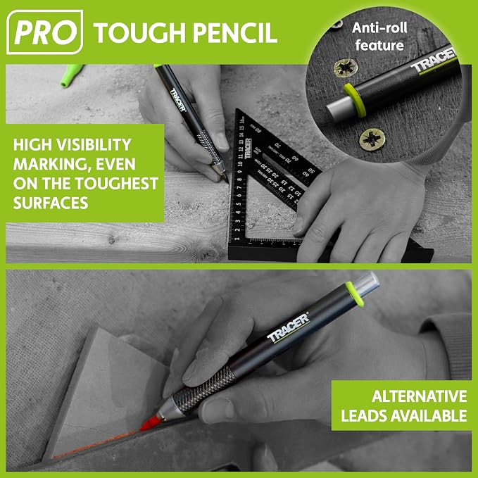 Tracer Pro - 5 Piece Construction Marker Kit with Storage Case - All 3 PRO Aluminum Carpenter's Pencils, Deep Hole Marker, Precision Mechanical Pencil, and 5.2mm Heavy Duty Construction Pencil