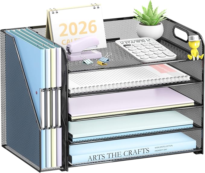5-Tier Desk Organizer with File Holder, Paper Organizer for Desk, Black | 5 Letter Trays and Vertical File Holder with Metal Mesh Frame for Papers Folders Books and Mail in Office Home or School