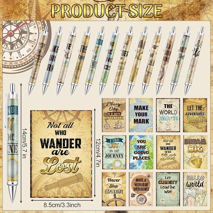 Eersida 48 Pcs Travel The Map Mini Notepad and Pen Set Travel Motivational Notepads with Quote Ballpoint Pens, 12 Styles