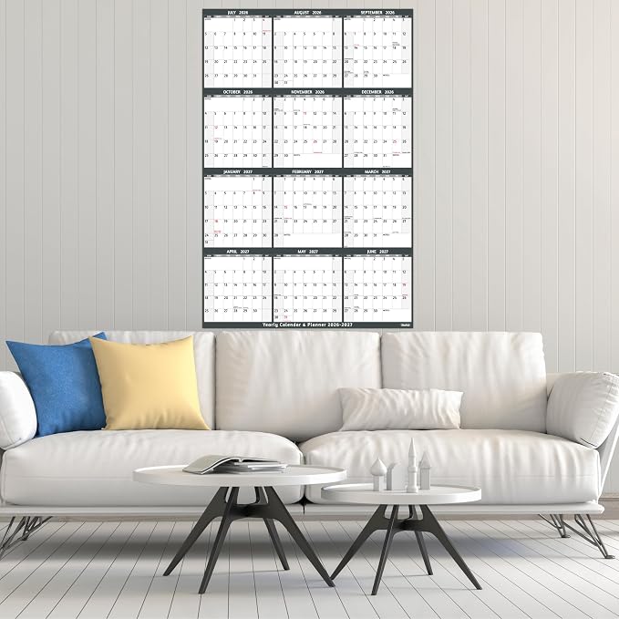 Yearly Wall Calendar 2026-2027 - Large Yearly Calendar Vertical, Jul 2026 - Jun 2027, 25.2" x 38.2" (Open), 2026-2027 Calendar, Large Wall Calendar, Full Year Paper Calendar with Notes, Thicker Paper