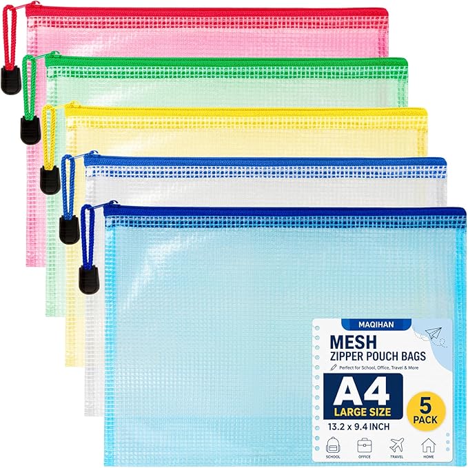 MAQIHAN Mesh Zipper Pouch Bags - A4 Clear Zipper Pouches, 13.2 x 9.4 Inch | Zipper Pouches for Organizing, Waterproof Letter Size File Bag for Puzzles, Board Games, Office Supplies, 5 Pack