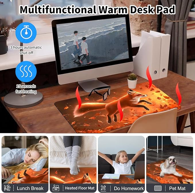 Heated Desk Pad Mouse Pad,Heated Desk Mat,with 3 Heating Levels & 3 Hours Auto Shut-Off,Leather 23.6"*14.2" Gaming Mouse Laptop Mat,Foot Warmer,Cute Red Fox Forest