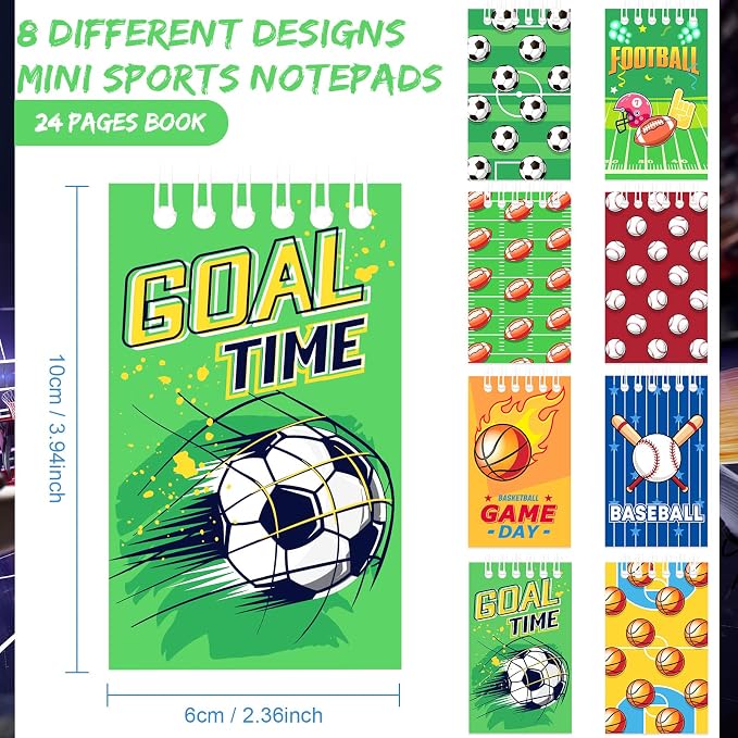 Pajean 24 Pieces Sports Mini Notepads, Sports Party Favors Spiral Journal Basketball Baseball Football Ball Notebooks for Goodie Bags Stuffers 2.36 x 3.94 Inches