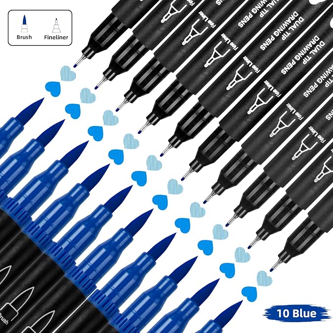 10 Pack Blue Markers for Coloring,1-6mm Dual Brush Pens with 0.4mm Fine Tip Markers,Blue Drawing Pens for Art Drawing Sketching Calligraphy