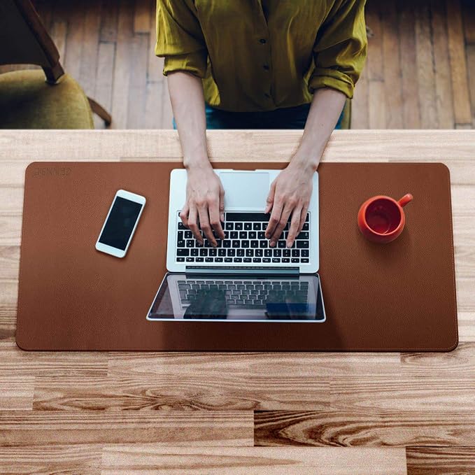 CENNBIE Leather Desk Mat 39.3"x19.6", Office Desk pad (Brown) | Premium stitched edges resist wear. Easy to clean. Protects desk from spills, stains ,scratches. Smooth glide. Office & home.