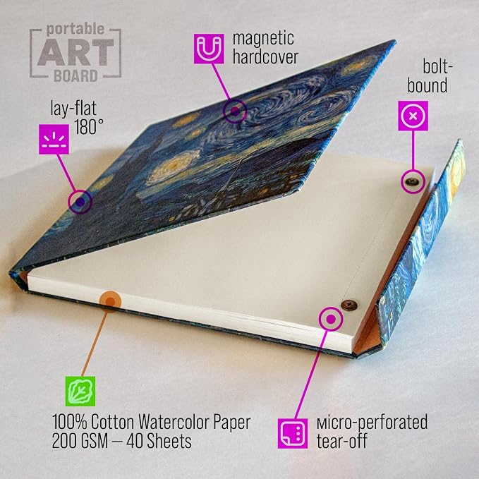 Watercolor Paper Pad — Magnetic Hardcover — 100% Cotton Watercolor Paper, Cold Press 200 GSM — 40 Sheets — Lay-Flat Watercolor Sketchbook — Art Supplies — KIROSKETCH (Starry Night 9x12 inch (A4)