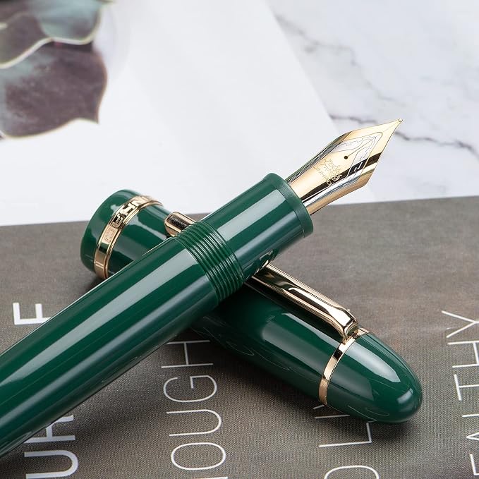 Jinhao X159 Dark Green Acrylic Fountain Pen, Size 8 Extra Fine Nib Gold Trim Classic Design Smooth Writing Pen with Converter