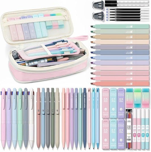Four Candies 56 PCS School Supplies with Pencil Case, 6 Multicolor Pens, 12 Pastel Highlighters, 5 Gel Pens, 9 Mechanical Pencils for Student Back to School Stationery Set College Essentials (Pink)