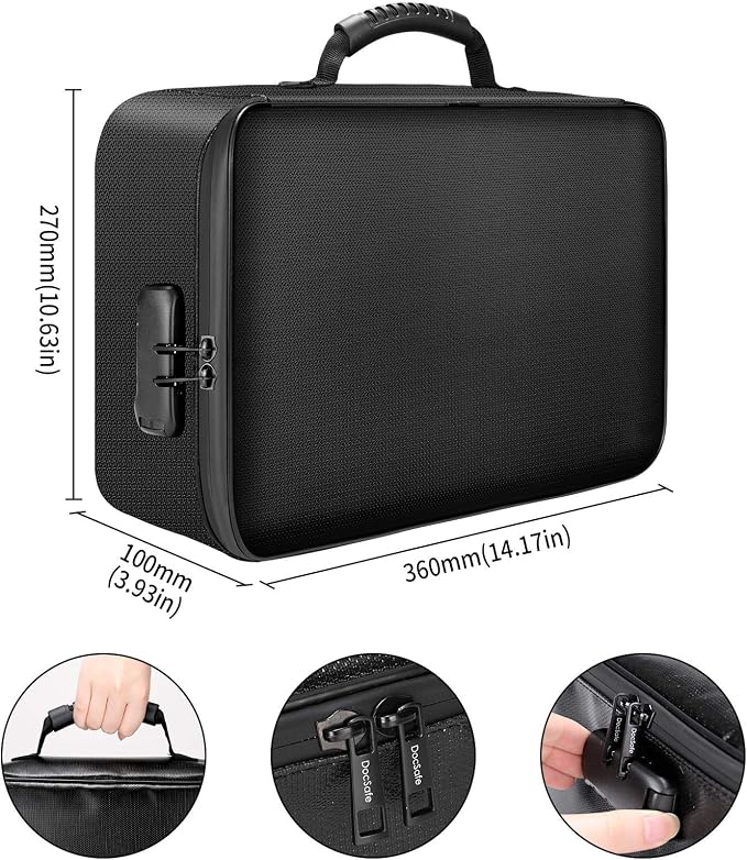 DocSafe Document Bag with Lock, Fireproof 3-Layer File Storage Box, Black | Water-Resistant Zipper, Document Safe Portable Travel Home Office Organizer Bag for Laptop,Files,Certificates, Gifts for Him