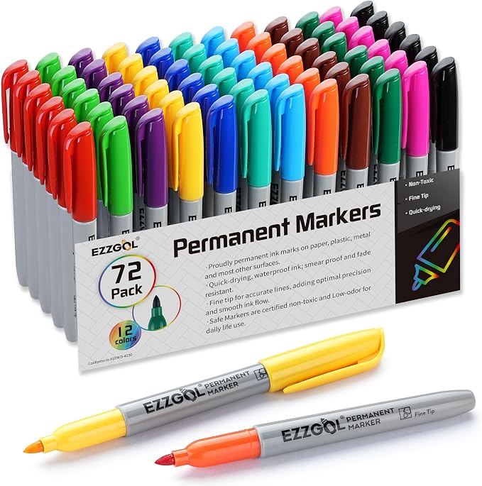 Ezzgol Permanent Markers Bulk, Permanent Marker Bulk Pack of 72, 12 Assorted Colors, Fine Point Permanent Markers For Adult Coloring as Office, School Supplies