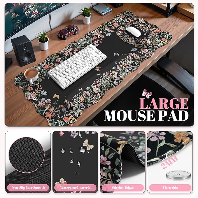 iCasso Desk Mat Set,Large Mouse Pad with Wrist Rest,Ergonomic Keyboard Wrist Support for Women,Girly Floral Computer Mat with Scalloped Edges,Non-Slip Desk Pad Home Office Gaming (Black)