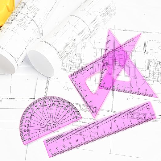 Coopay 6 Inch Math Geometry Tool Plastic Ruler Square Set Includes Straight Ruler, Triangles, Protractor for Student School Office Supplies (Pinkish-Purple)