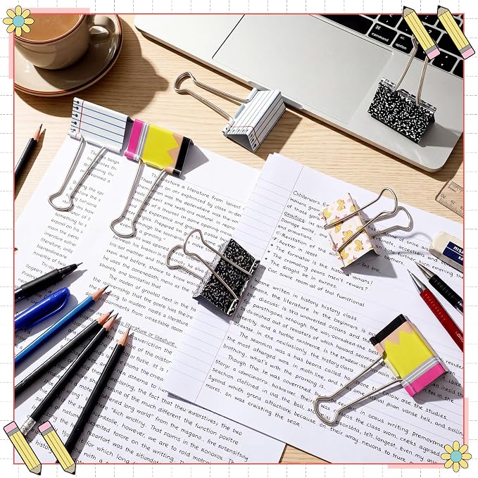 Thenshop 12 Pcs Back to School Teacher Gifts Extra Large Teacher Binder Clips 2'' Giant Metal Paper Clamps with Pencil Composition Book Design Clip for Student Classroom Office Back to School Supplies