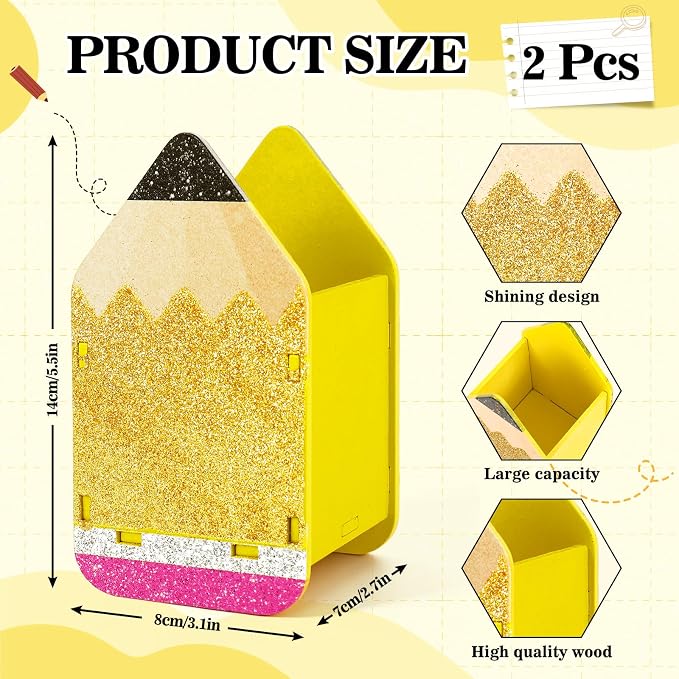JarThenaAMCS 2 Pcs Back to School Glitter Pencil Shaped Pencil Holder Wooden Dispenser Pen Storage Container Box for Classroom Teacher Appreciation Student Desk Organization Supplies