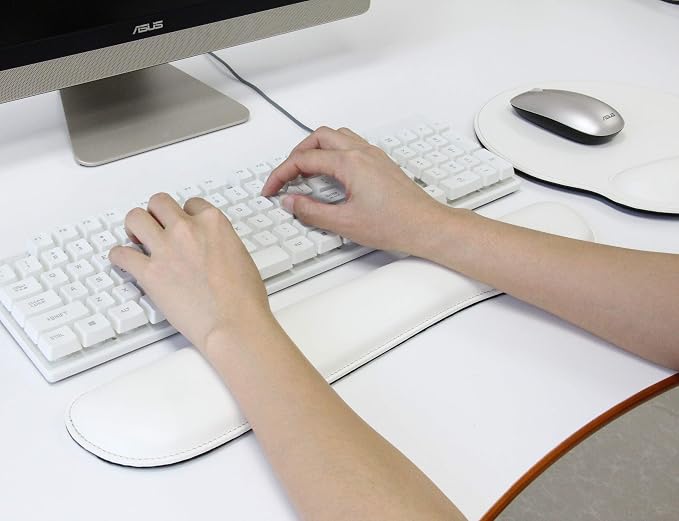 RICHEN Ergonomic PU Leather Keyboard Wrist Rest and Mouse Pad with Wrist Support, Memory Foam Set for Office and Gaming, Comfortable & Lightweight for Easy Typing & Pain Relief (White)