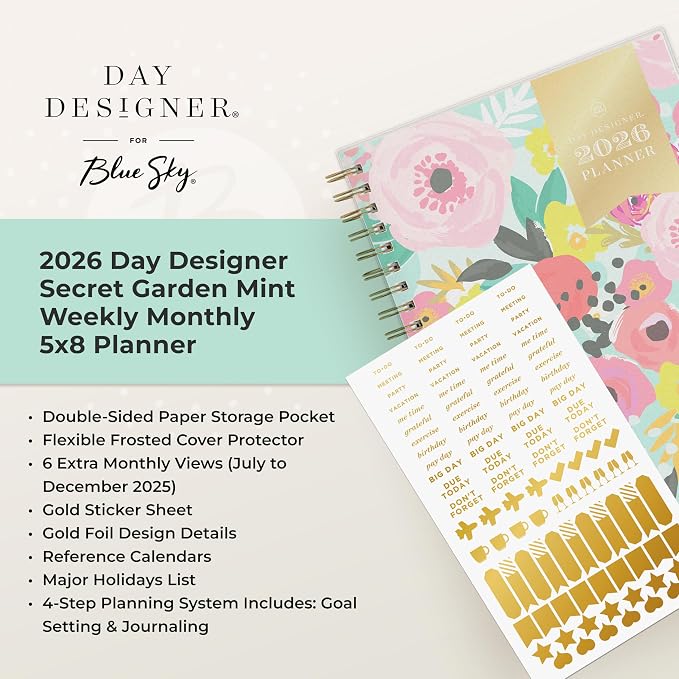 Blue Sky 2026 Weekly & Monthly Planner Calendar, 5"x8", Secret Garden Mint | January 2026 - December 2026, Flexible Cover, Durable Twin Wire Binding, Storage Pocket, Stickers
