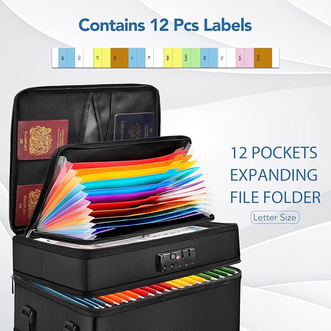 Fireproof Document Box with 13 Pocket Accordian File Folder | Water-Resistant File Organizer Box with Lock, Collapsible File Storage Cabinet for Hanging Letter/Legal Folder, Black