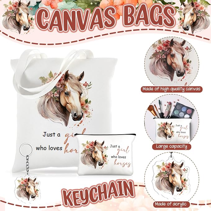 Kinlop 5 Pcs Horse Gifts for Women Include Just a Girl Who Loves Horses Tote Bag Canvas Cosmetic Bag Coil Notebook Keychain and Ballpoint Pen for Women Girls