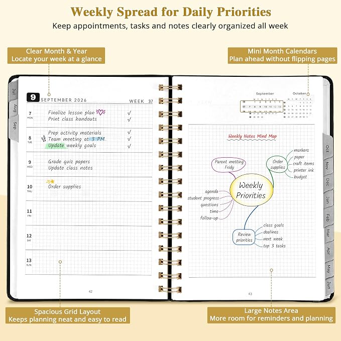 JoyCat Academic Planner 2026-2027, A5 Weekly & Monthly, Black | July 2026-June 2027 A5 planner combines weekly and monthly layouts, tabs, grid notes and sticker sheets.