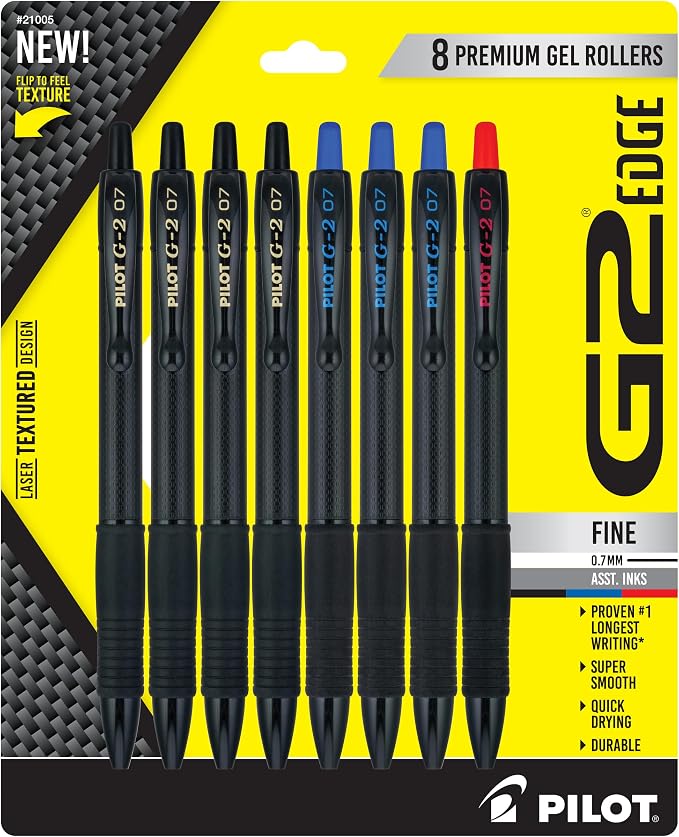 Pilot G2 Edge Black, Blue and Red, Premium Gel Roller Pens, Sensory Writing Experience, 8ct box, Fine Point 0.7 mm
