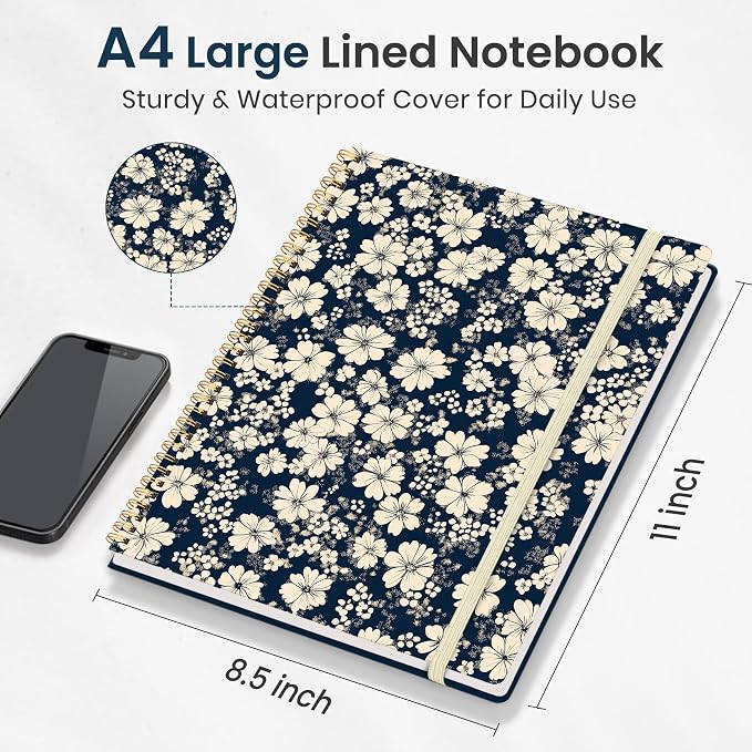 Taja Large Spiral Lined Journal for Women, 8.5" x 11" Notebooks for Work Collge Ruled, A4 Aesthetic Cute Journaling Notebooks for Writing, Plastic Cover, Daisy Garden