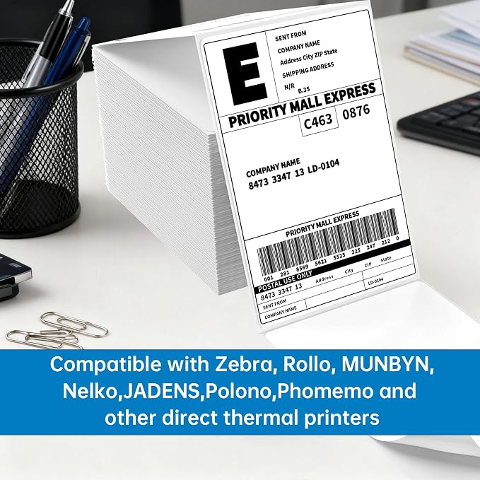 100 4x6 Thermal Labels 100/Stack, HUOJI Shipping Thermal Labels 4x6 Fanfold Compatible with Rollo, Zebra, MUNBYN Printers (Commercial Grade)