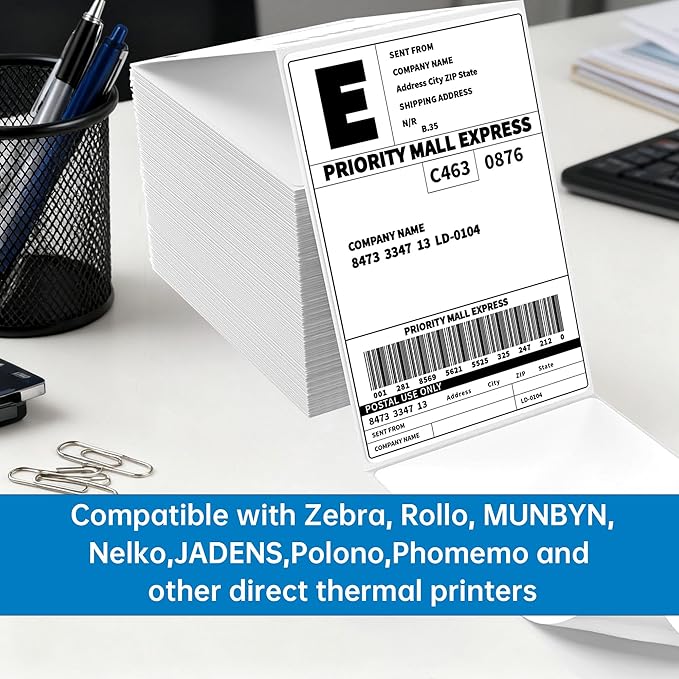1000 4x6 Thermal Labels 500/Stack, HUOJI Shipping Thermal Labels 4x6 Fanfold Compatible with Rollo, Zebra, MUNBYN Printers (Commercial Grade)