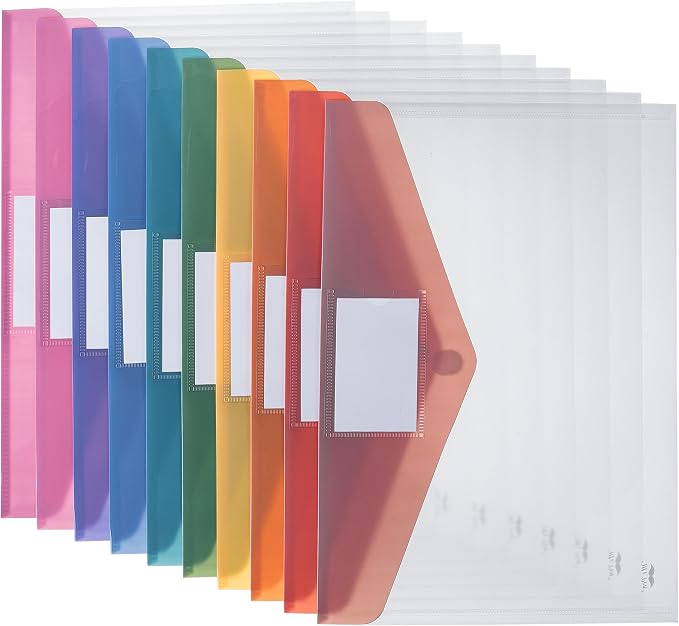 Mr. Pen- Clear Plastic Envelopes File Folders, 10 Pack, A4, Letter Size | Colorful Flaps, Clear Folders for Documents Plastic Poly Envelopes with Label for School, Home, Work, Office, Organizer