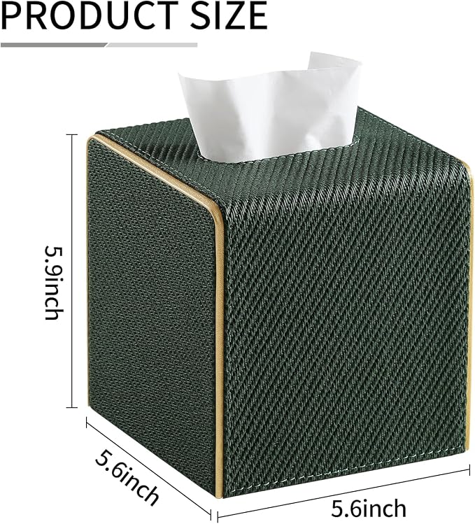 Square PU Leather Tissue Box Cover with Magnetic Closure, Decorative Tissue Holder & Storage Container for Bedroom, Living Room, Dining Room, Bathroom, Countertop, Desk (Square Dark Green Twill)