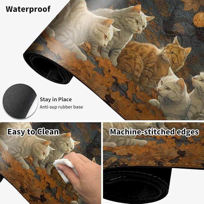 Heated Desk Pad Mouse Pad,Heated Desk Mat,with 3 Heating Levels & 3 Hours Auto Shut-Off,Leather 23.6"*14.2" Gaming Mouse Laptop Mat,Foot Warmer,Maple Leaves Cat