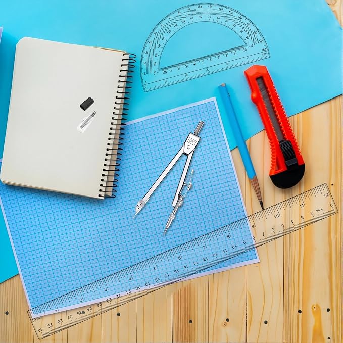 3 Pcs Clear Protractor and Compasses Set, Plastic Clear Ruler 12 Inch | Professional Geometry Set, 6 Inch Protractor ,Durable Transparent Drawing Measuring Rulers for School Office