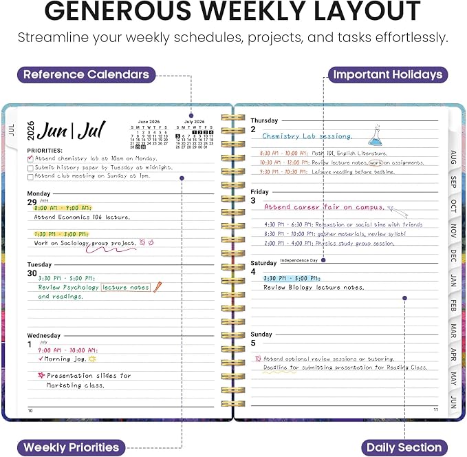 Planner 2026-2027, Academic Year Monthly and Weekly Calendar Planner, Jul 2026 - Jun 2027, Hardcover Teacher Student Planning Agenda book with Tabs, Perfect for School Office Supplies, 6.3" x 8.5" - Sienna Meadows