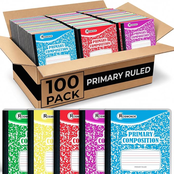 Rosmonde Bulk Primary Ruled Composition Notebooks, 100 Pack, 100 Sheets | Bulk Writing Journals, 200 Pages (100 Sheets), 9-3/4" x 7-1/2", Grades K-2, Hardcover, Bulk Primary Ruled Assorted Marble