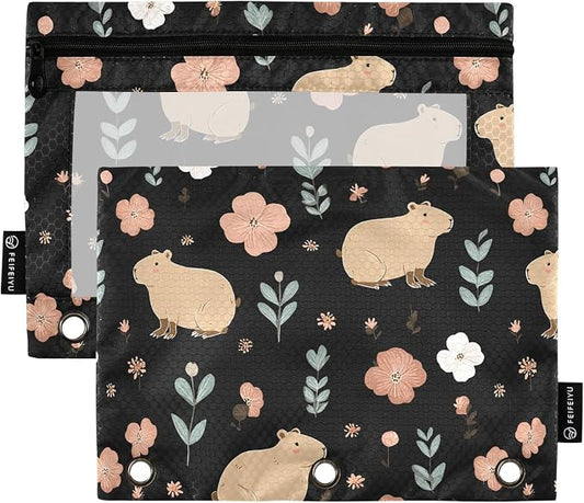 Gredecor Binder Pencil Pouch 3 Ring Capybara with Flowers Daisy Zipper Pencil Pouches Case 2 Pack Clear Binder Organizer for School Office