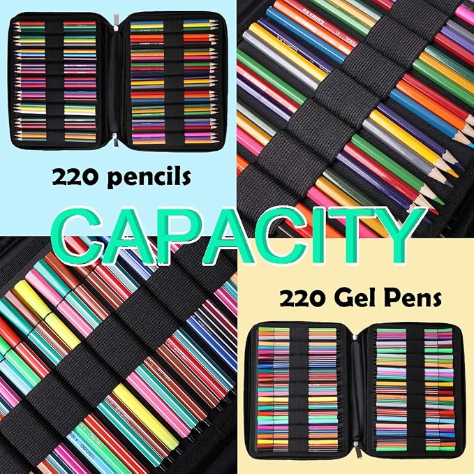 JAKAGO 220 Slots Colored Pencil Case Large Capacity Pen Holder for Artist Painter Zipper Organizer Bag for Marker Highlighter Storage Case for Office Sketch Travel Supplies (Forest)