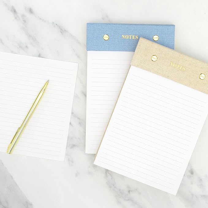 ELYN Lined Notepad, Aesthetic Linen Memo Pad With Matching Gold Gel Pen, 125 Sheets, 8.1 x 5.3 in - 100 GSM Premium Thick Paper, Perforated Pages & Hard Linen Backing, For Work, School or Home (Linen)
