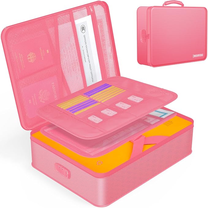 Noiposi 5200℉ Fireproof Document Box with Lock 16.1"x11.4"x4.3"- 8 Layers | Home ,Travel ,Strong, Water Resistant,Safe Storage Document Storage Organizer for Important Documents and File,Pink