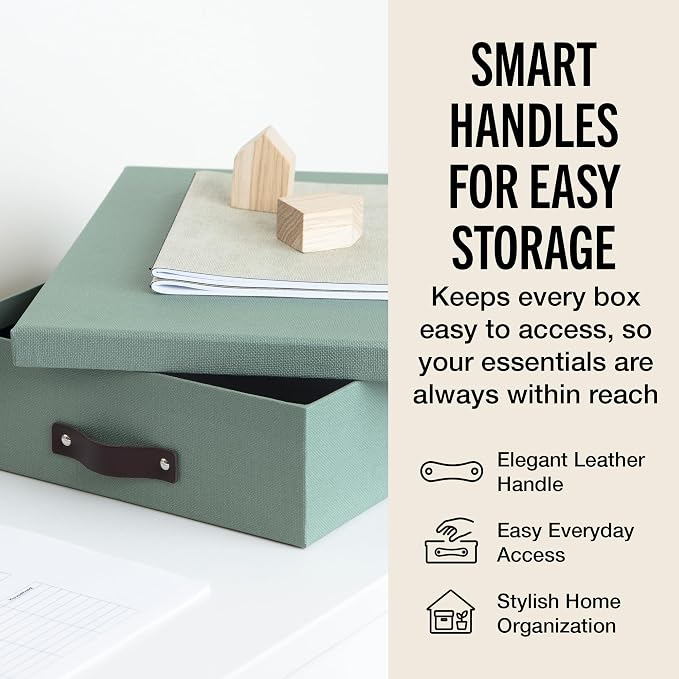 Bigso Oskar Canvas Fiberboard Document Letter Box for Important Paperwork A4 or Letter Size - Durable Keepsake Box with Lid and Leather Handle - 3.3in x 10.2in x 13.8in - Soft Teal