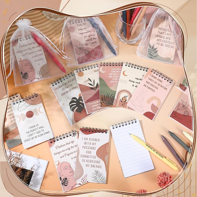 Kosiz 48 Pcs/24 Set Positive Affirmation Gifts Bulk for Women Pocket Spiral Notepads with Motivational Pens Small Bags Mini Self Care Inspirational Notebooks Coworker Team Group Adult Party Favors