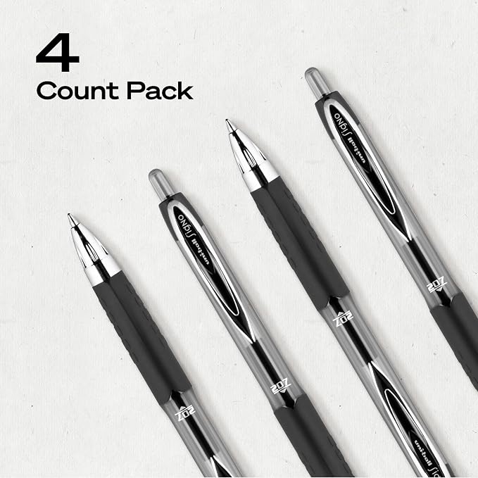uni-ball® 207™ Retractable Fraud Prevention Gel Pens, Medium Point, 0.7 mm, Black Barrels, Black Ink, Pack of 4