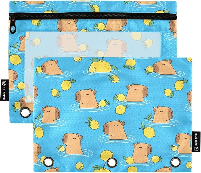 Emelivor Capybara Lemon Blue Pencil Pouch for 3 Ring Binder 2 Pack Binder Pencil Pouches Zippered Clear Pencil Case Cosmetic Bag for Office Work College Home Supplies
