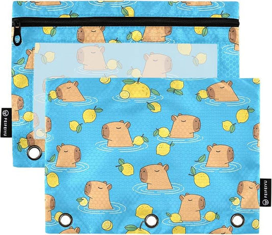Emelivor Capybara Lemon Blue Pencil Pouch for 3 Ring Binder 2 Pack Binder Pencil Pouches Zippered Clear Pencil Case Cosmetic Bag for Office Work College Home Supplies