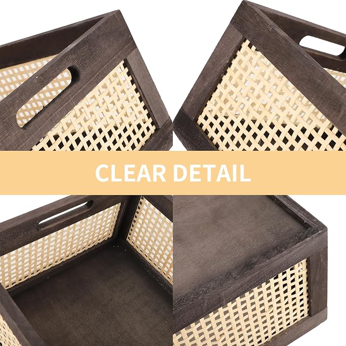 Desktop Storage Basket, Sundry Office Drawer Storage Box, Wood Frame Storage Basket. (Brown-Set2)