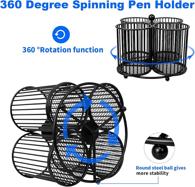 360 Rotating Pen Holder - Large Pencil and Marker Organizer with 4 Slots - Desk Caddy Accessories for School, Office, Home (Black)