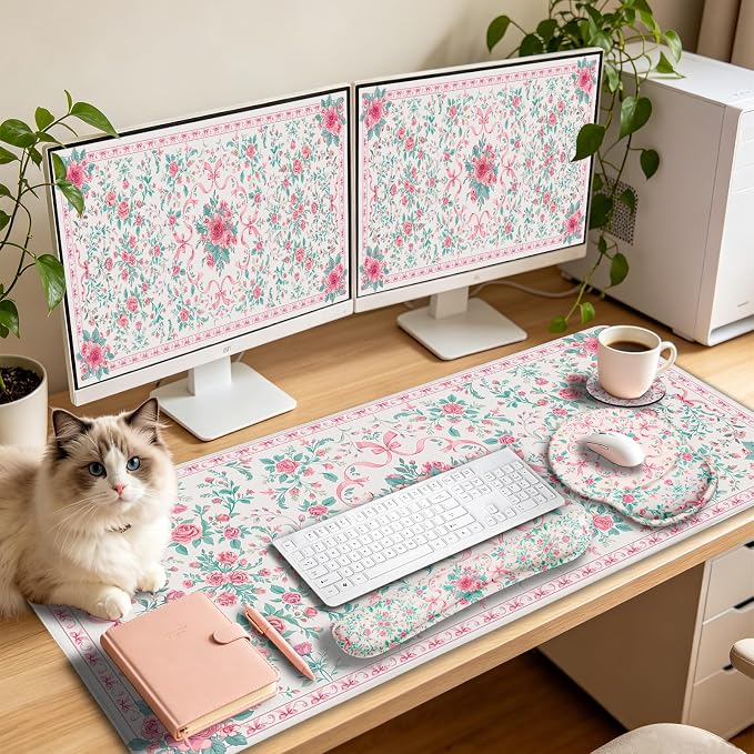 LIMKRIAN Pink Floral Desk Mat, Ergonomic Mouse Pad Set with Wrist Rest | Non-Slip PU Base, Stitched Edges, Keyboard Wrist Rest Ease Pain, Ideal For Office/Gaming, Cute Home Office Decor for Women
